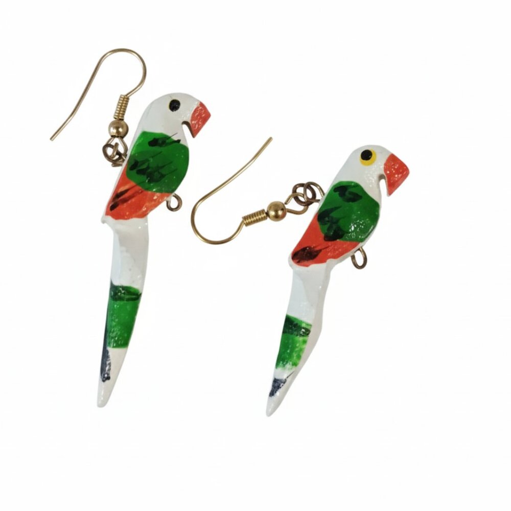 Parrot Bird Dangle Earrings Colorful‎ Hand Painted Tropical Wood Nautical Vacay